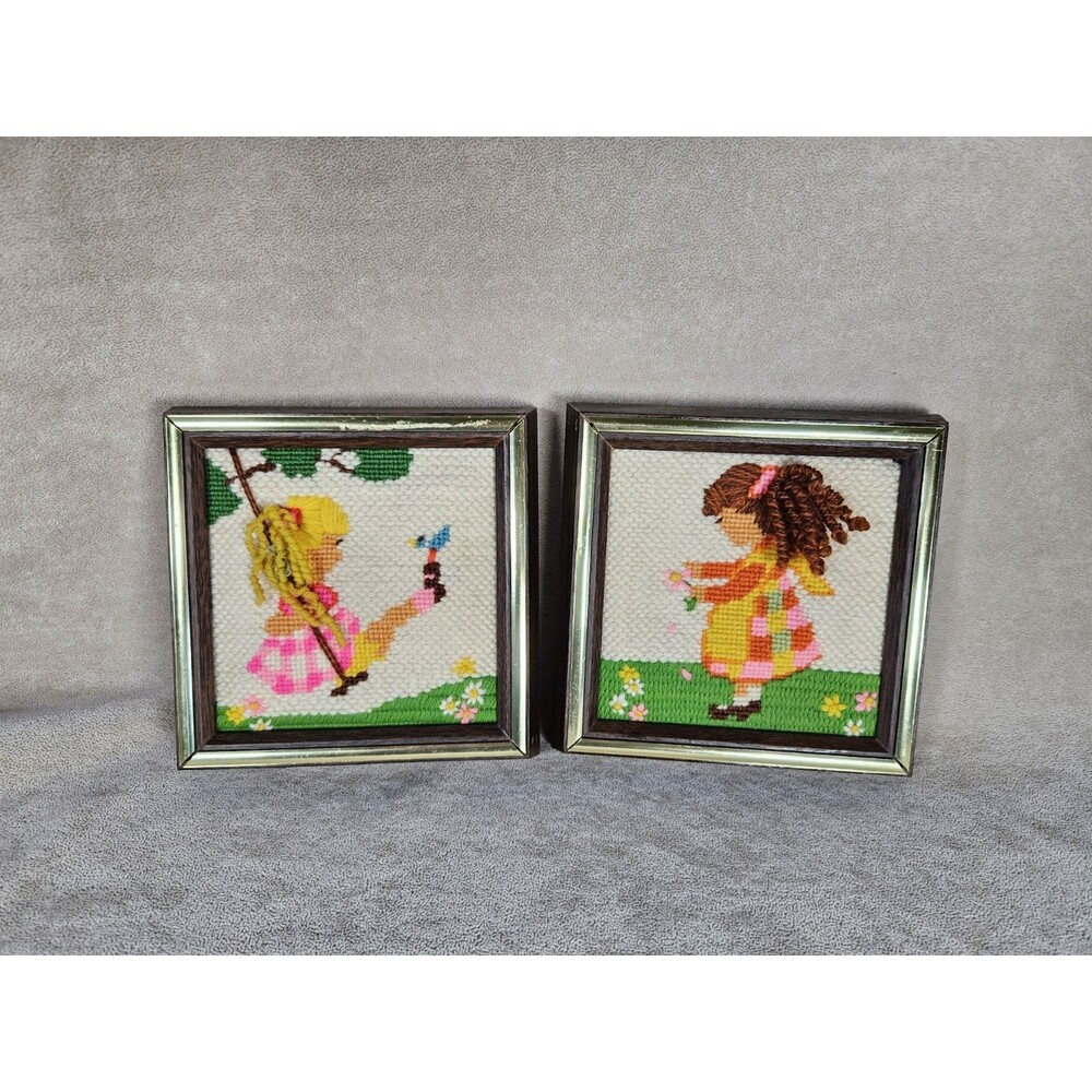 Vtg 70s Needlepoint Yarn Art Framed Set of 2 Little Girl Meadow Retro Nursey MCM